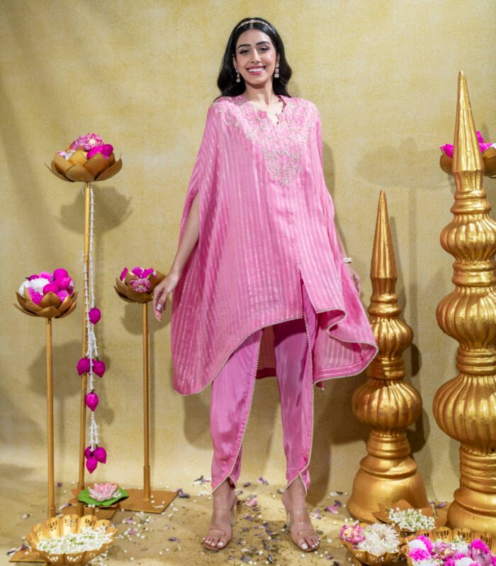 Soft Pink Asymmetric Embriodered Cape with slip and Tulip Pant